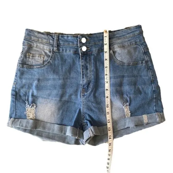 Double Button Distressed Denim Shorts High-Waisted XL NWT