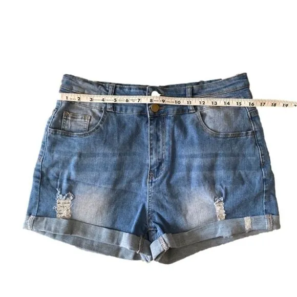 Double Button Distressed Denim Shorts High-Waisted XL NWT