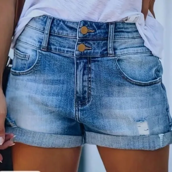 Double Button Distressed Denim Shorts High-Waisted XL NWT