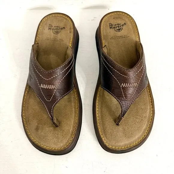 Dr. Martens Retro Chunky Brown Leather Flip Flop Thong Sandals Slides