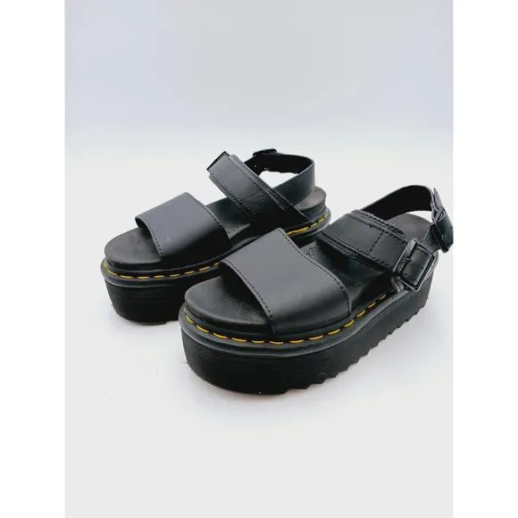 Dr Martens Voss Quad Platform Black Hydro Leather Sandals for Women Sz 6