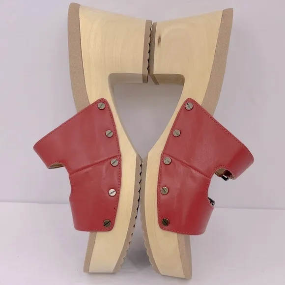 Dr Scholl’s SHOES, ORIGINAL VIBE PLATFORM, HEELED SLIDE SANDALS, RED LEATHER 10M