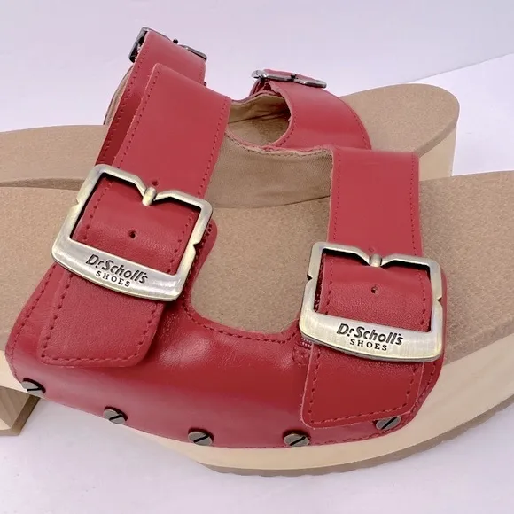 Dr Scholl’s SHOES, ORIGINAL VIBE PLATFORM, HEELED SLIDE SANDALS, RED LEATHER 10M