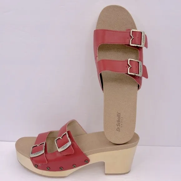 Dr Scholl’s SHOES, ORIGINAL VIBE PLATFORM, HEELED SLIDE SANDALS, RED LEATHER 10M