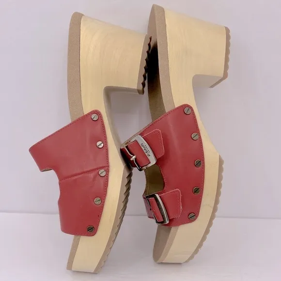 Dr Scholl’s SHOES, ORIGINAL VIBE PLATFORM, HEELED SLIDE SANDALS, RED LEATHER 10M