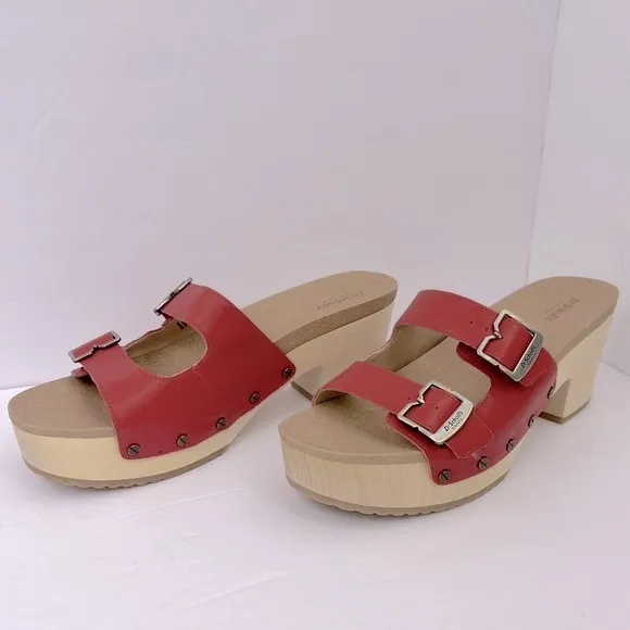 Dr Scholl’s SHOES, ORIGINAL VIBE PLATFORM, HEELED SLIDE SANDALS, RED LEATHER 10M