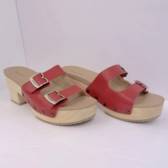 Dr Scholl’s SHOES, ORIGINAL VIBE PLATFORM, HEELED SLIDE SANDALS, RED LEATHER 10M