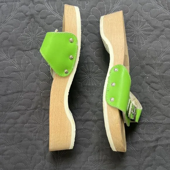 Dr Scholls Vintage Clog Style Italian Wooden Orthopedic Wedge Sandals SZ 6 Green