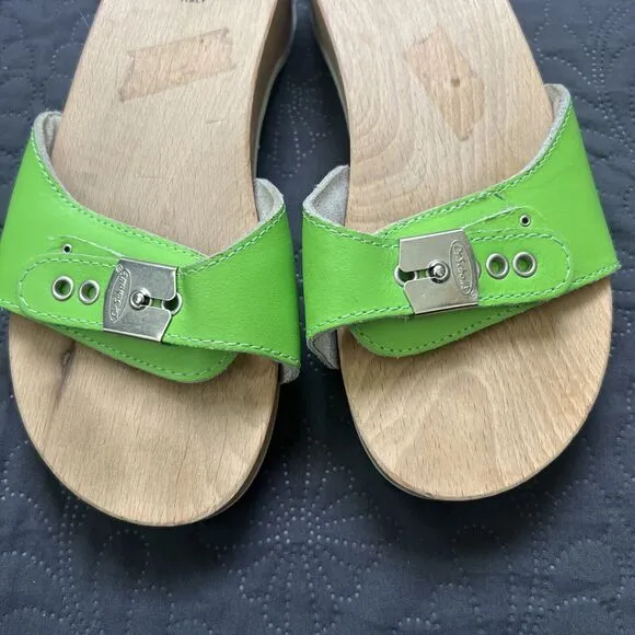 Dr Scholls Vintage Clog Style Italian Wooden Orthopedic Wedge Sandals SZ 6 Green