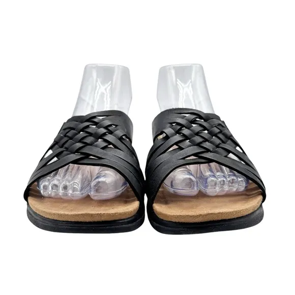 Easy Spirit Meadow Slip On Black Leather Huarache Braided Sandals Shoes Size 7W