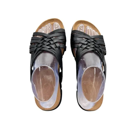 Easy Spirit Meadow Slip On Black Leather Huarache Braided Sandals Shoes Size 7W