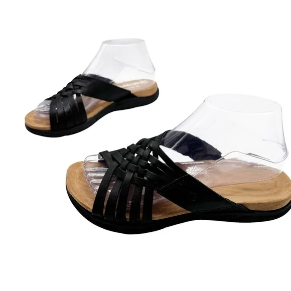 Easy Spirit Meadow Slip On Black Leather Huarache Braided Sandals Shoes Size 7W