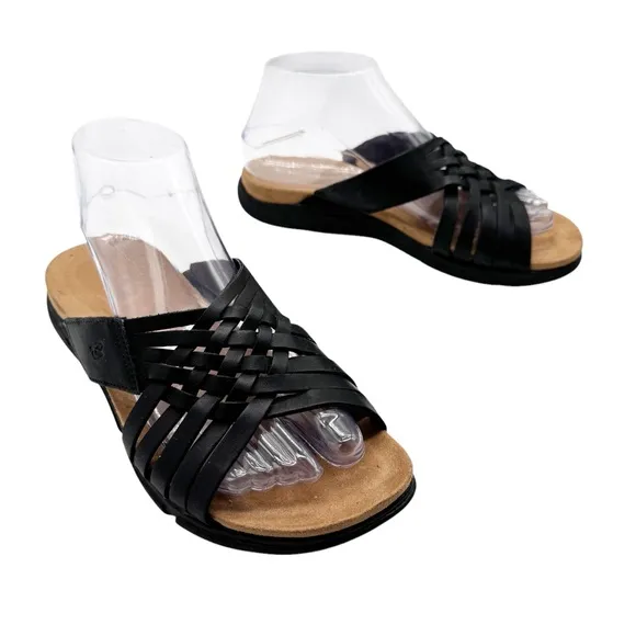 Easy Spirit Meadow Slip On Black Leather Huarache Braided Sandals Shoes Size 7W