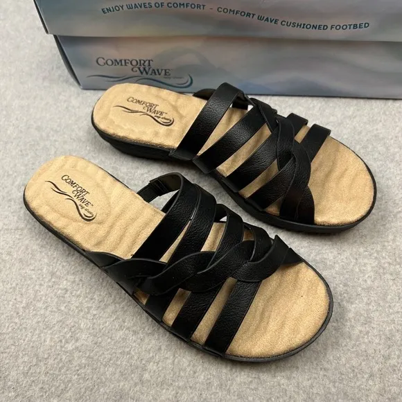 Easy Street Slip on Slide Sandals Comfort Open Toe Womens 6.5 Casual Black Vaca