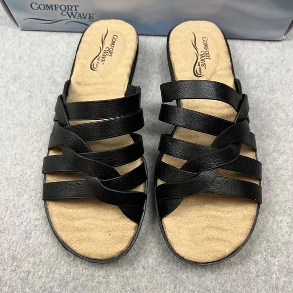Easy Street Slip on Slide Sandals Comfort Open Toe Womens 6.5 Casual Black Vaca
