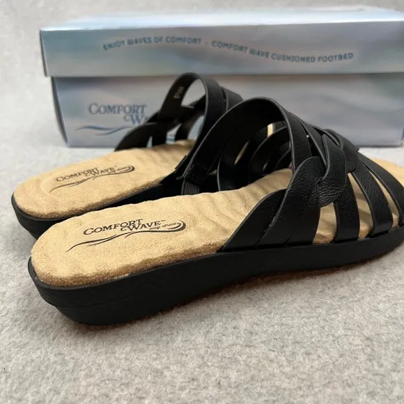 Easy Street Slip on Slide Sandals Comfort Open Toe Womens 6.5 Casual Black Vaca
