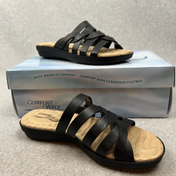 Easy Street Slip on Slide Sandals Comfort Open Toe Womens 6.5 Casual Black Vaca