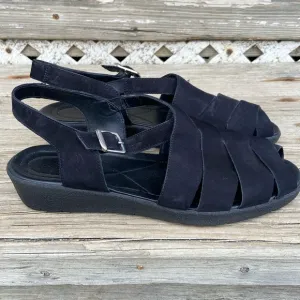 ECCO Black Suede Leather Low Wedge Strappy Sandals Women's Size 10 - 10.5