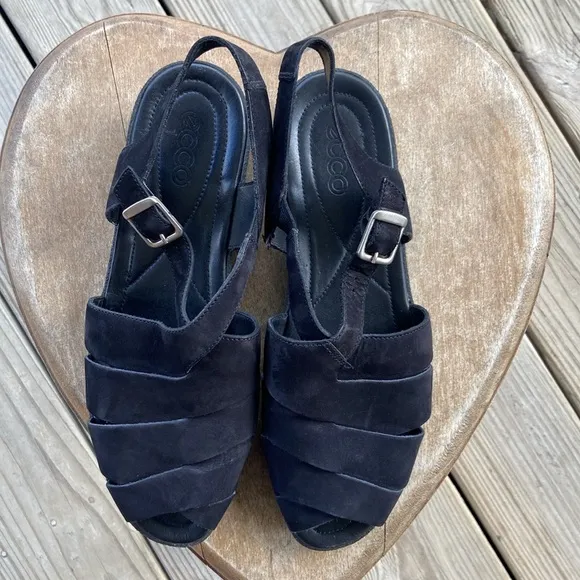 ECCO Black Suede Leather Low Wedge Strappy Sandals Women's Size 10 - 10.5