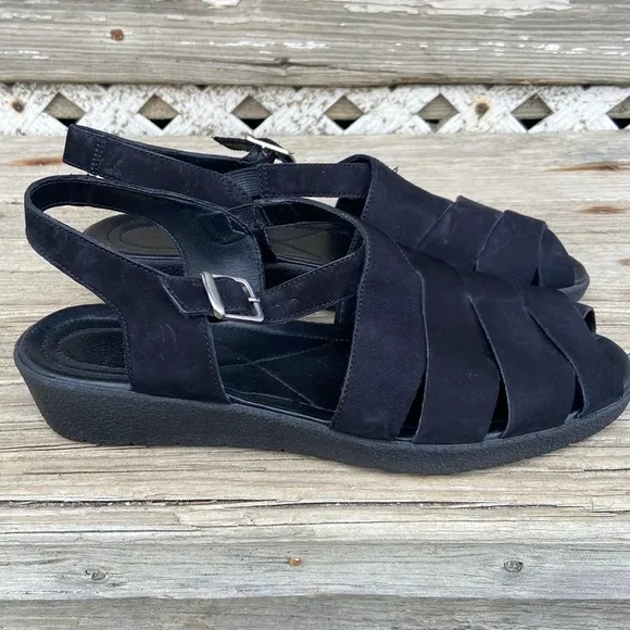 ECCO Black Suede Leather Low Wedge Strappy Sandals Women's Size 10 - 10.5