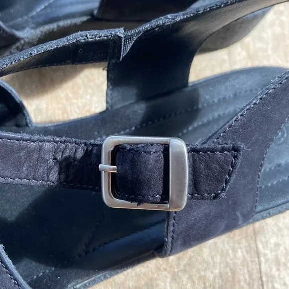 ECCO Black Suede Leather Low Wedge Strappy Sandals Women's Size 10 - 10.5