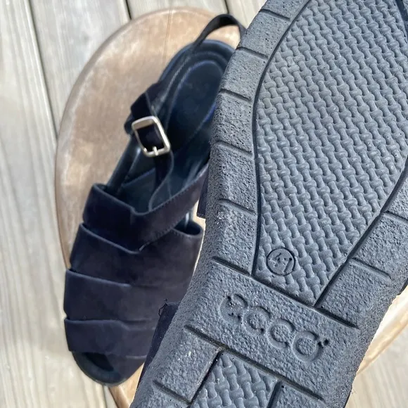 ECCO Black Suede Leather Low Wedge Strappy Sandals Women's Size 10 - 10.5