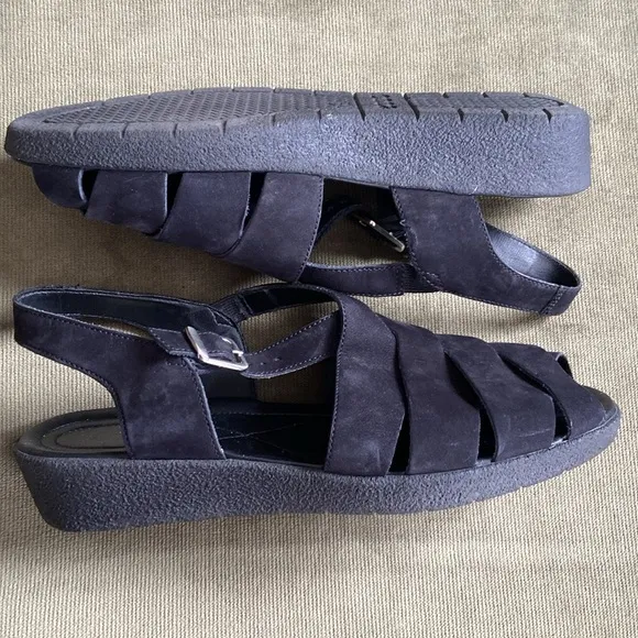 ECCO Black Suede Leather Low Wedge Strappy Sandals Women's Size 10 - 10.5