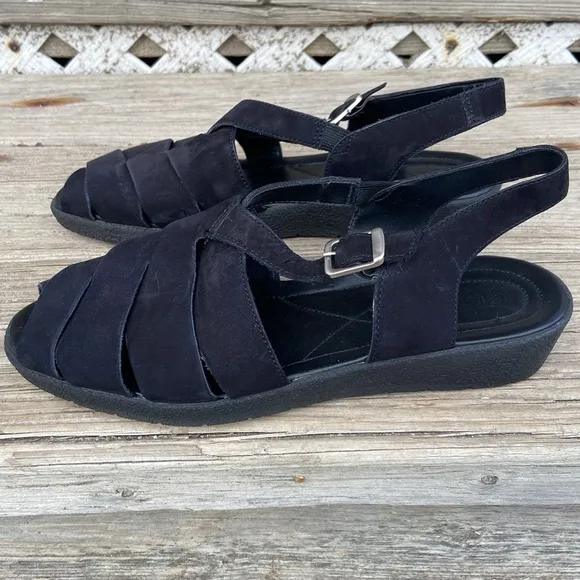 ECCO Black Suede Leather Low Wedge Strappy Sandals Women's Size 10 - 10.5
