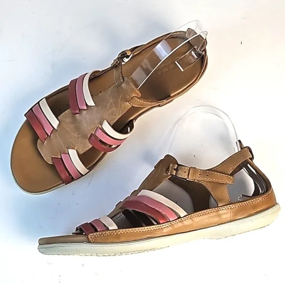 Ecco Flash Leather Tan Pink Burgundy T Strap Comfort Cushioned Flat Sandal Size