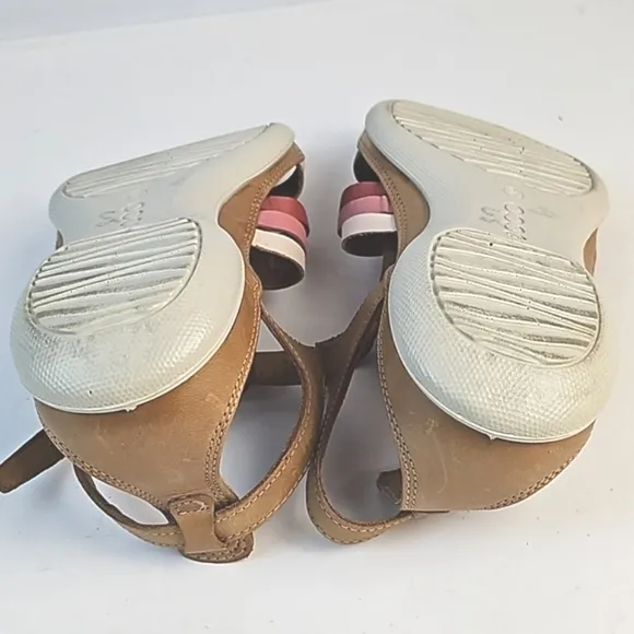 Ecco Flash Leather Tan Pink Burgundy T Strap Comfort Cushioned Flat Sandal Size