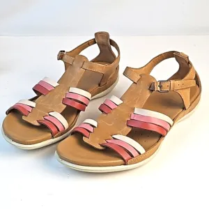 Ecco Flash Leather Tan Pink Burgundy T Strap Comfort Cushioned Flat Sandal Size