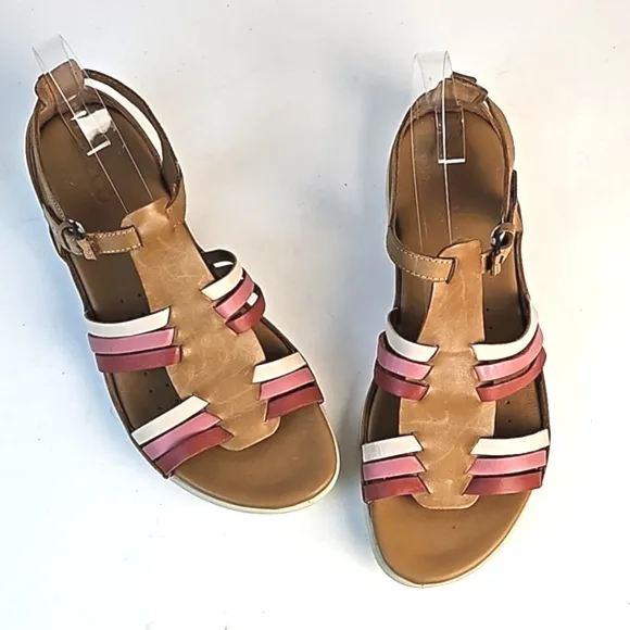 Ecco Flash Leather Tan Pink Burgundy T Strap Comfort Cushioned Flat Sandal Size
