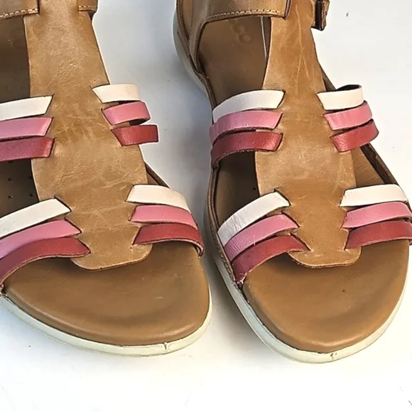 Ecco Flash Leather Tan Pink Burgundy T Strap Comfort Cushioned Flat Sandal Size