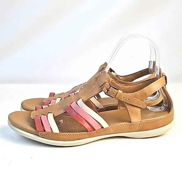 Ecco Flash Leather Tan Pink Burgundy T Strap Comfort Cushioned Flat Sandal Size