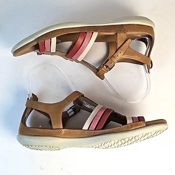 Ecco Flash Leather Tan Pink Burgundy T Strap Comfort Cushioned Flat Sandal Size