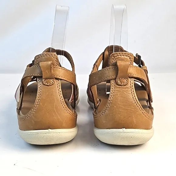 Ecco Flash Leather Tan Pink Burgundy T Strap Comfort Cushioned Flat Sandal Size