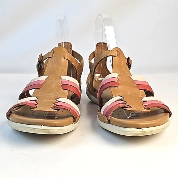 Ecco Flash Leather Tan Pink Burgundy T Strap Comfort Cushioned Flat Sandal Size