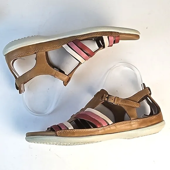 Ecco Flash Leather Tan Pink Burgundy T Strap Comfort Cushioned Flat Sandal Size