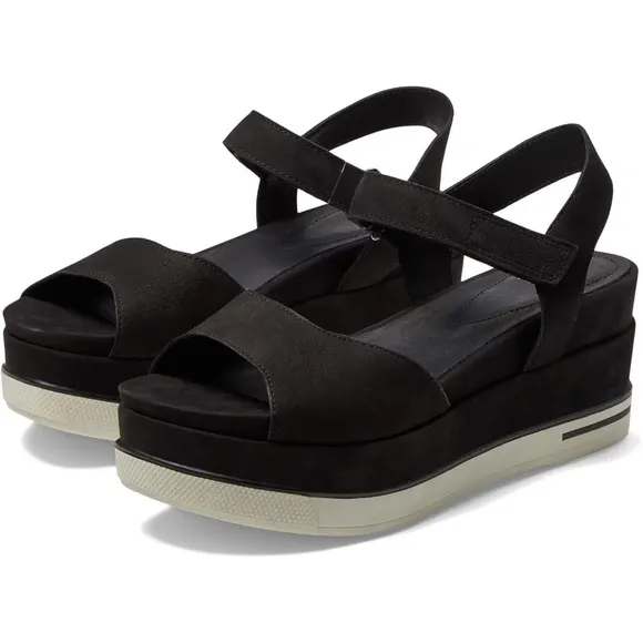 Eileen Fisher Beck Sports Platform Black Leather Sandals White Soles Size 9.5