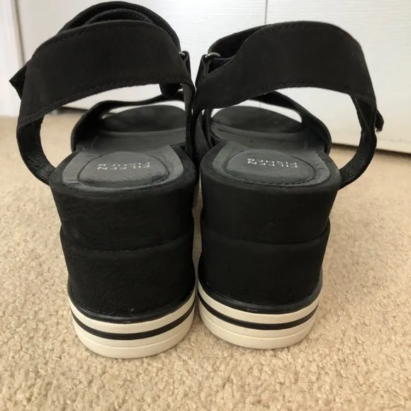 Eileen Fisher Beck Sports Platform Black Leather Sandals White Soles Size 9.5