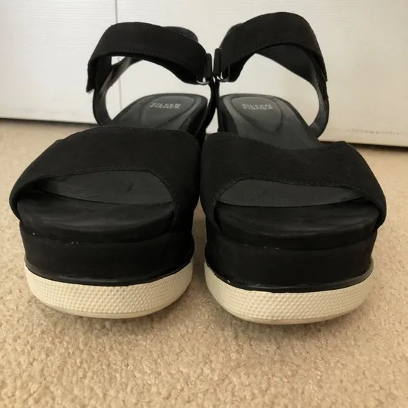 Eileen Fisher Beck Sports Platform Black Leather Sandals White Soles Size 9.5