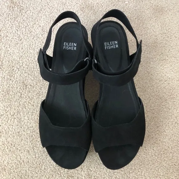 Eileen Fisher Beck Sports Platform Black Leather Sandals White Soles Size 9.5