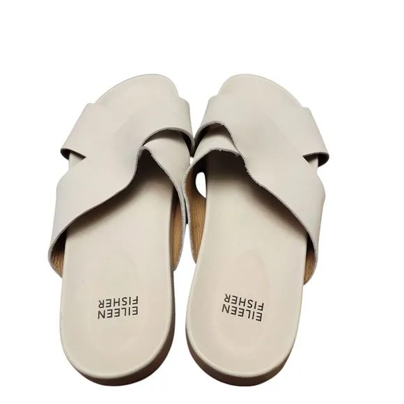 Eileen Fisher Bond Bone White Leather Slip-on Crossover Strap Sandals Size 8