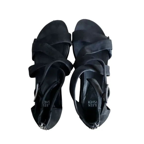 EILEEN FISHER BOOST Black Suede Leather PLATFORM Sport Sandals Size 7.5