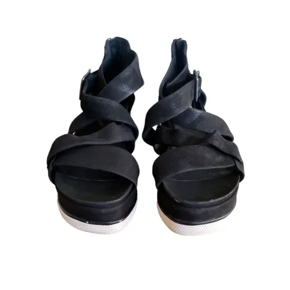 EILEEN FISHER BOOST Black Suede Leather PLATFORM Sport Sandals Size 7.5