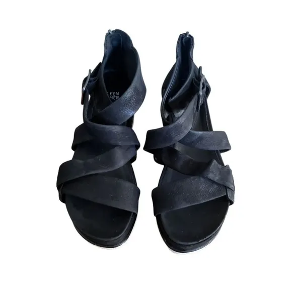 EILEEN FISHER BOOST Black Suede Leather PLATFORM Sport Sandals Size 7.5
