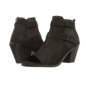 Eileen Fisher Dusk Tumbled Nubuck Black Peep Toe Booties Leather Sandals Zip 10