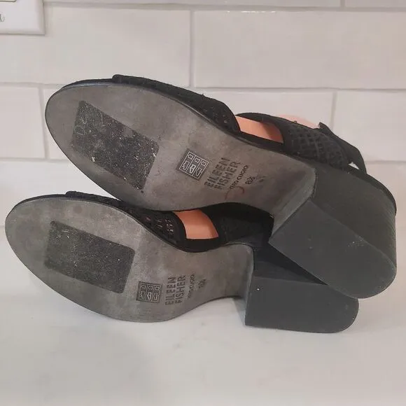 Eileen Fisher Finn Suede Mesh Black Sandals Block Heel Size 8.5 Comfort Dressy