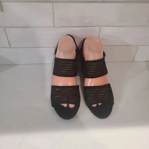 Eileen Fisher Finn Suede Mesh Black Sandals Block Heel Size 8.5 Comfort Dressy