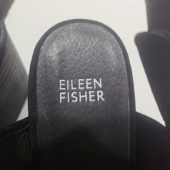 Eileen Fisher Finn Suede Mesh Black Sandals Block Heel Size 8.5 Comfort Dressy
